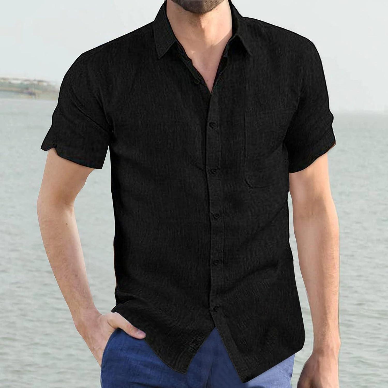 Mens Fashion Linen Beach Shirts Comfort Fitted V Neck Loose Long