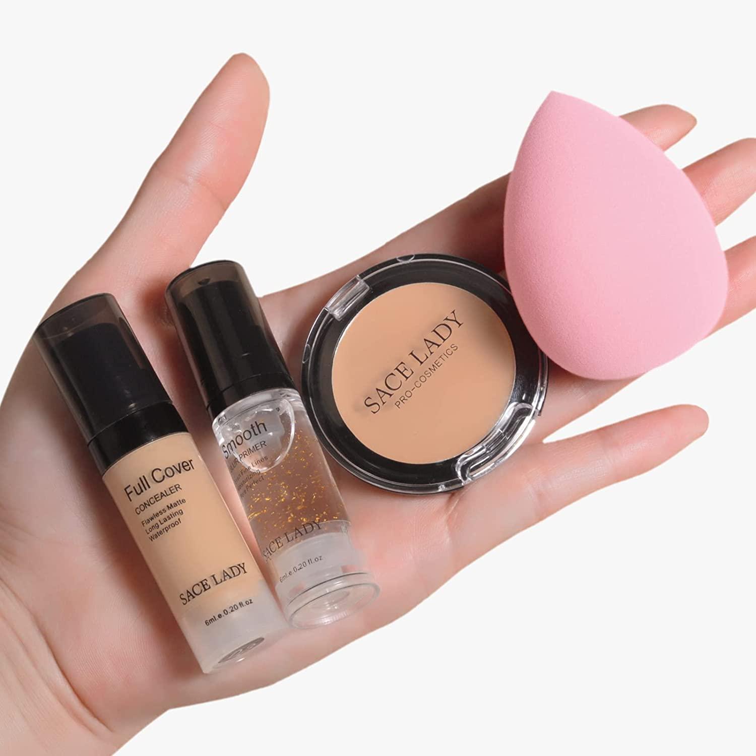 Waterproof Full Coverage Concealer Makeup Kit with Primer Sponge - Matte  Liquid Foundation for Face, Eye, and Acne Scar Cover