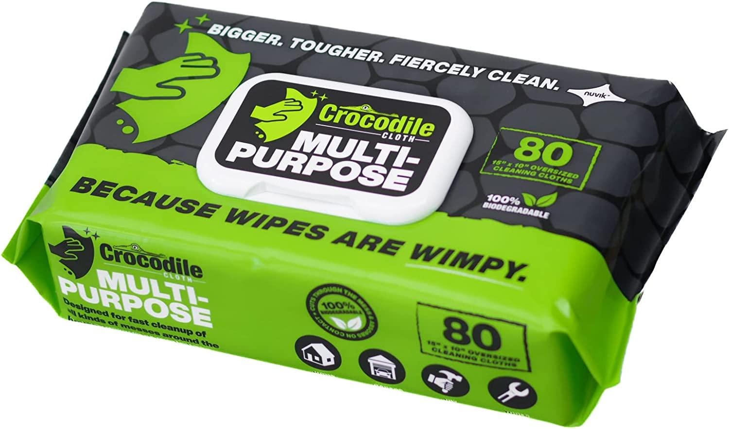 Crocodile Cloth Multi-Purpose Household Cleaning Wipes - The Stronger  Easier Way To Clean Grease, Dirt, Dust, Grime, & Glue From Hands, Tables,  and More - 80 Oversized, Heavy-Duty Biodegradable Wipes 80 Count (