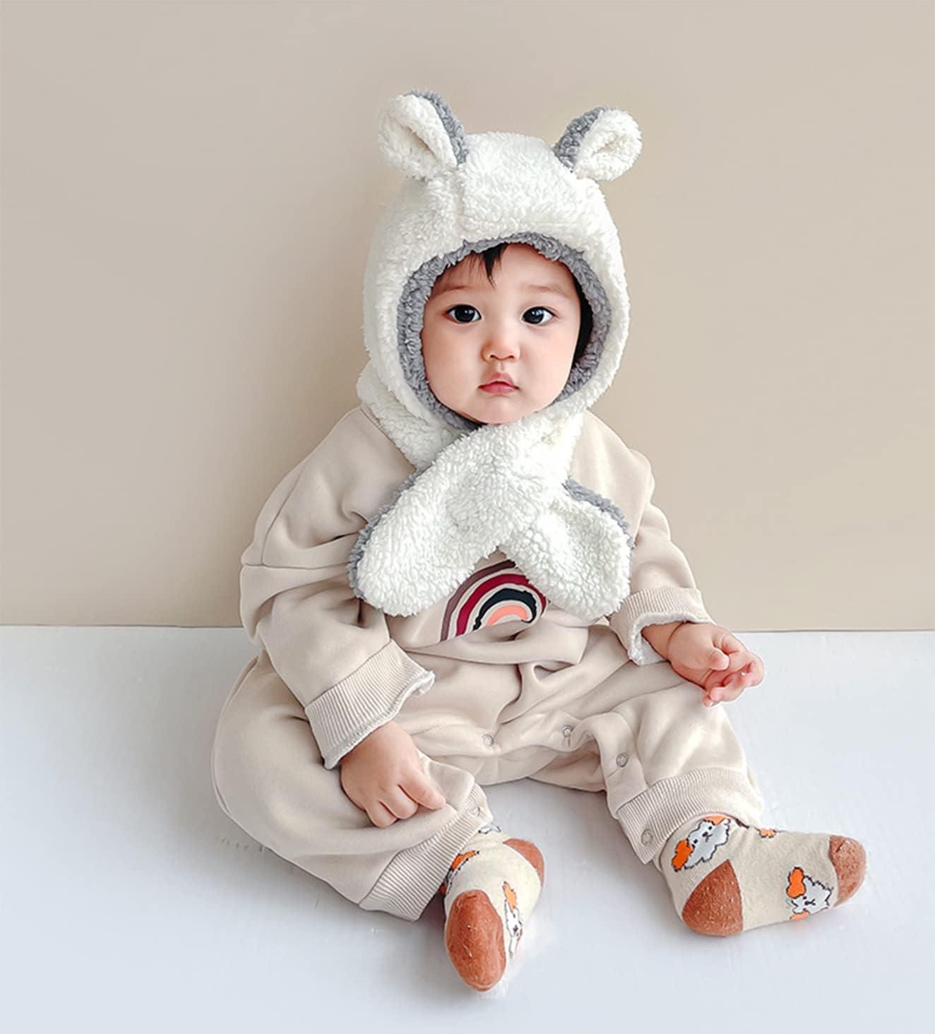 2 In 1 Baby Winter Hat Scarf Set Kids Toddler Hoodie Scarf Earflap
