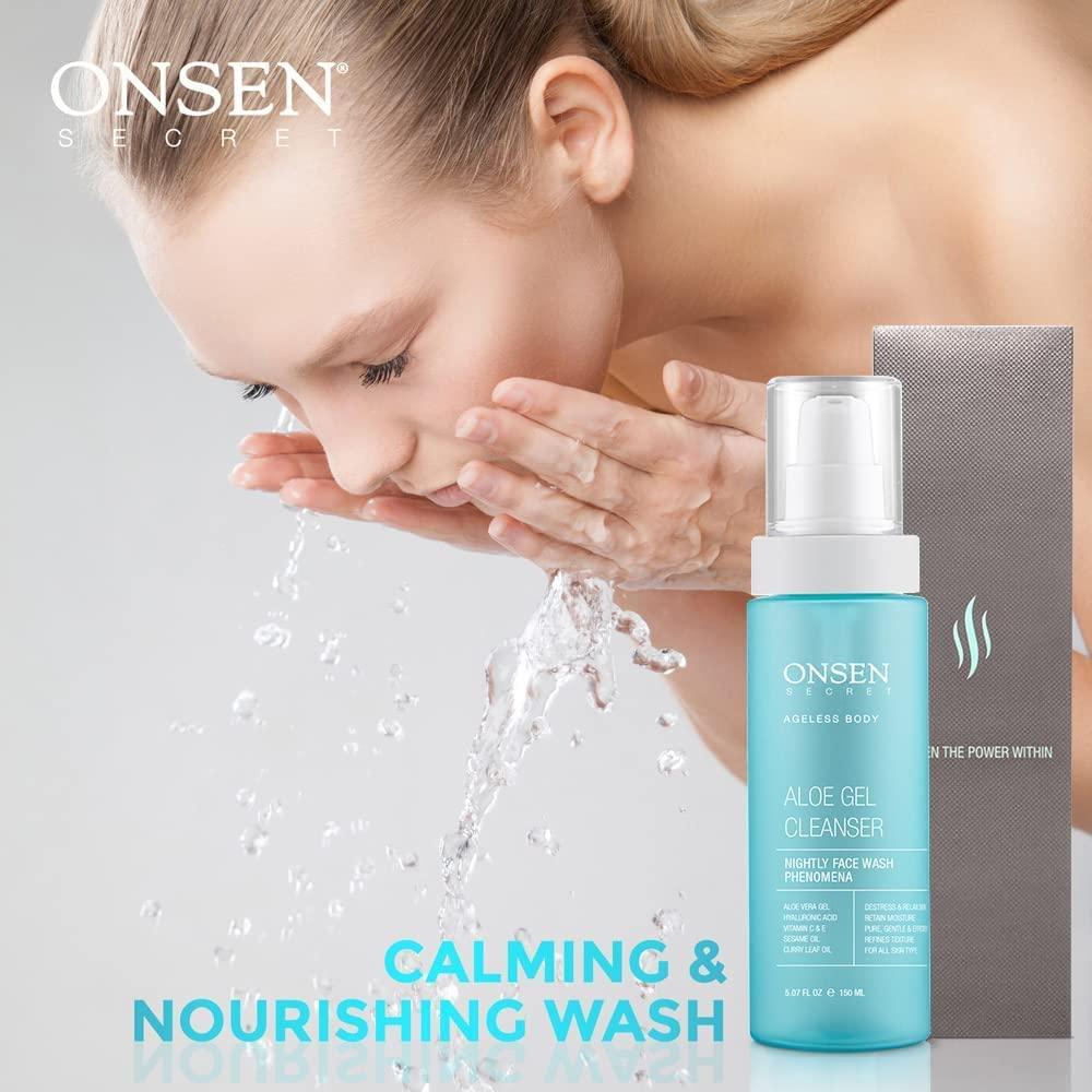 Onsen Secret Japanese Aloe Vera Face Wash - Premium Nightly Gel Cleanser  for Makeup Removal & Sensitive Skin - Hyaluronic Acid Curry Leaf Oil  Vitamin C & E - 150ml | Buy