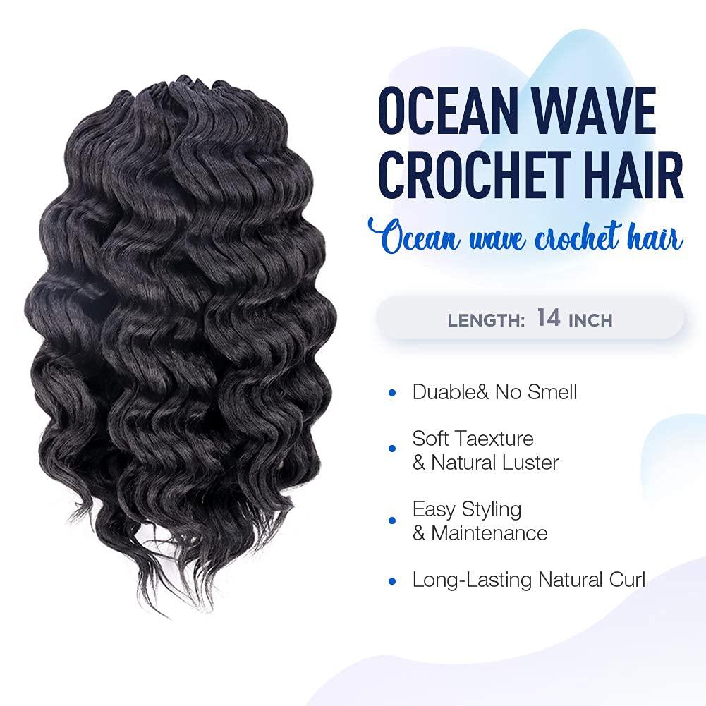 ToyoTree Ocean Wave Crochet Hair - 14 Inch 8 Packs Natural Black