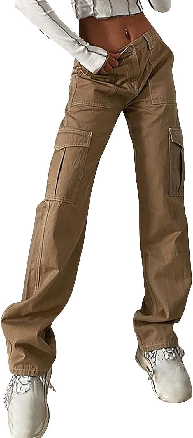 Baggy Cargo Pants for Teen Girls Women High Waist Straight Wide Leg Jeans  Fashion Lounge Trousers Y2K E-Girl Streetwear Brown Medium