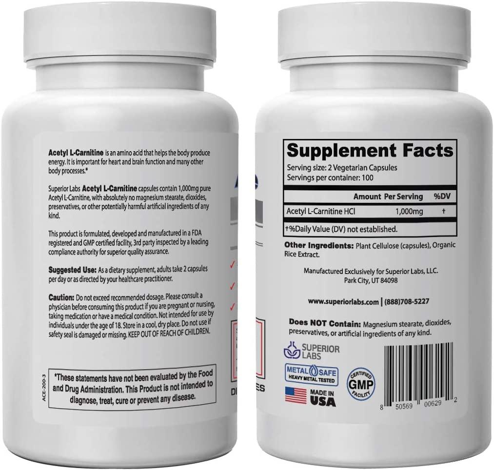 Superior Labs Acetyl LCarnitine 1000mg 200 caps Maximum Absorption, Pure Vegetable Capsules