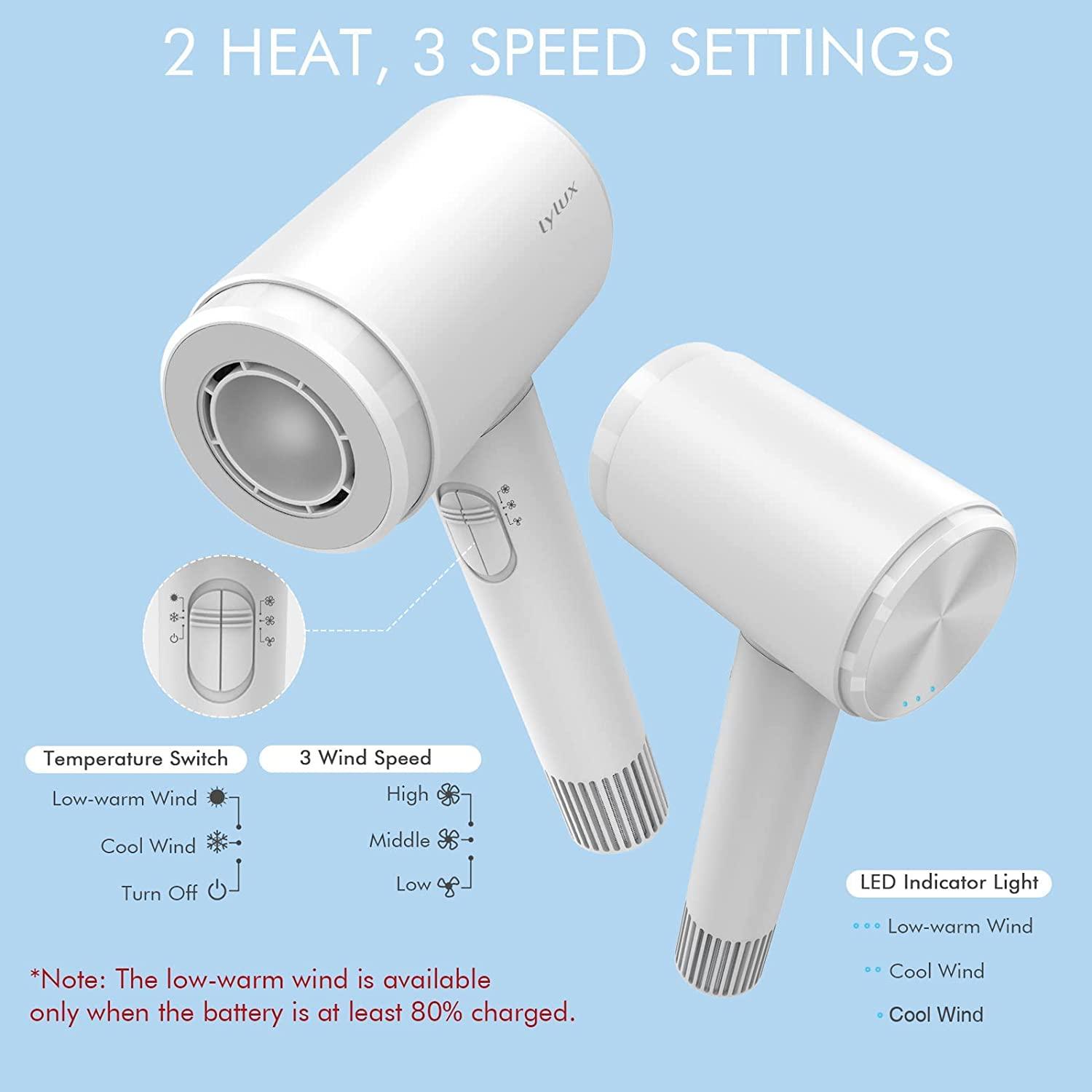 Lylux Cordless Hair Dryer, LowHeat Ionic Blow Dryer with 110, 000 RPM