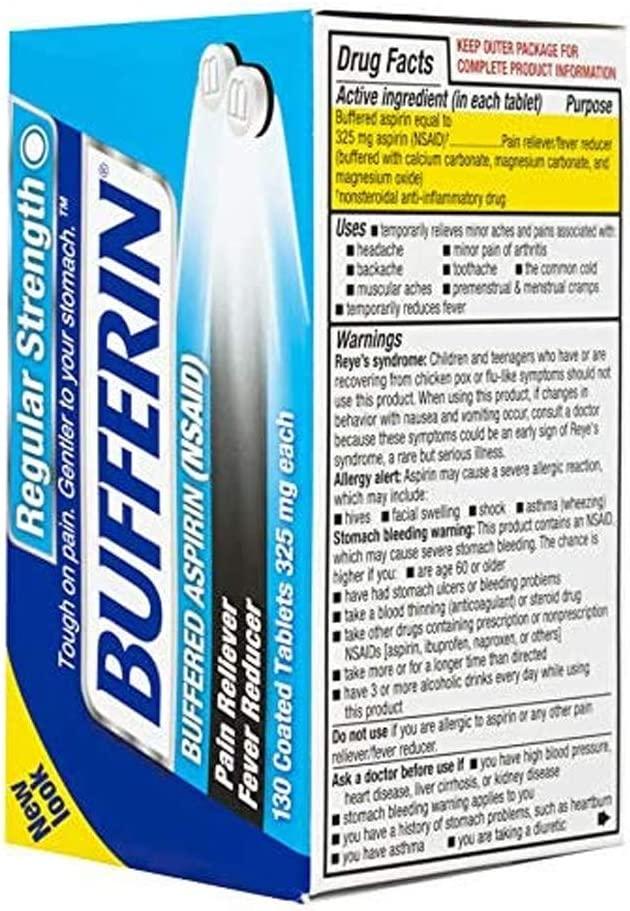Bufferin Buffered Aspirin Tablets 130 ct (Pack of 3) Pain Reliever
