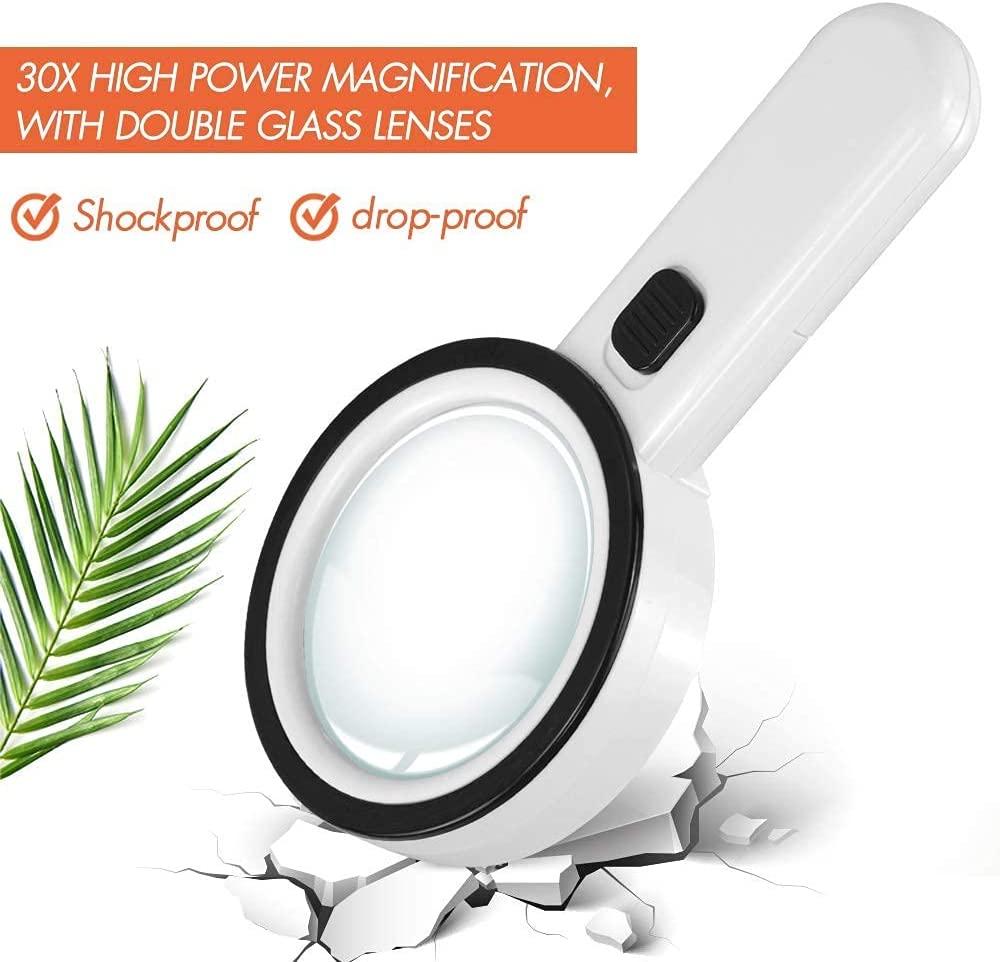 Magnifying Glass with Light, 30X High Power Handheld Large Magnifiers 12 LED Illuminated Lighted Magnifier Lens for Seniors Reading Small Print Stamps