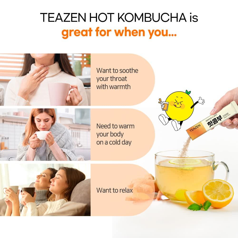 TEAZEN Lemon Ginger Hot Kombucha Tea Live Probiotics & Postbiotics
