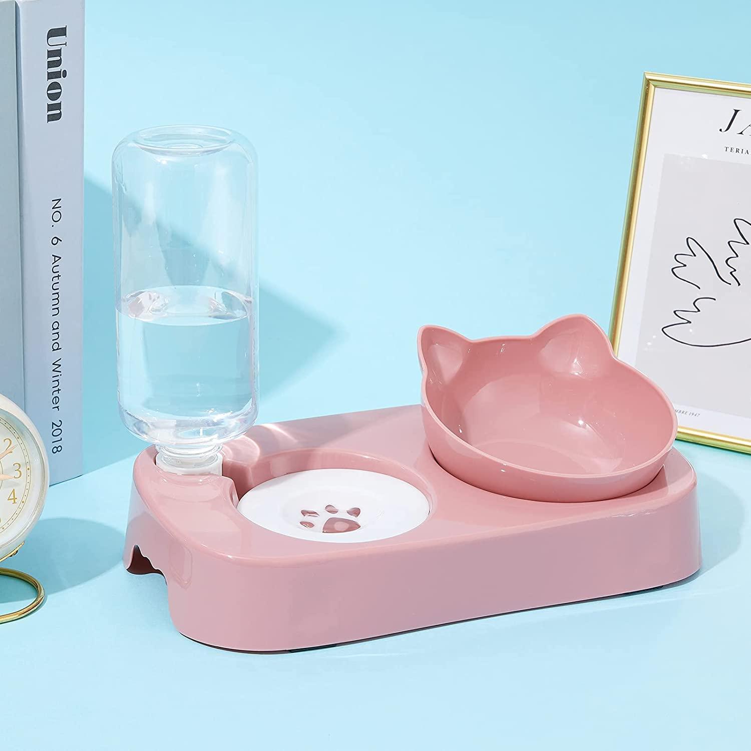 Cute Tilted Raised Food Water Bowl Set for Indoor Cats