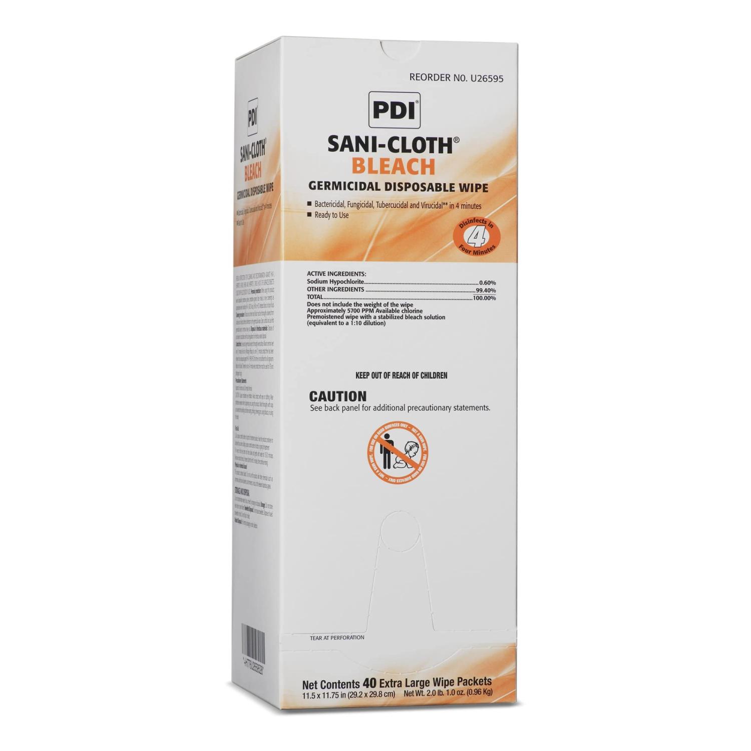 Pdi Sanicloth Bleach Wipe 11.5 X 11.75 Model U26595 Box of 40