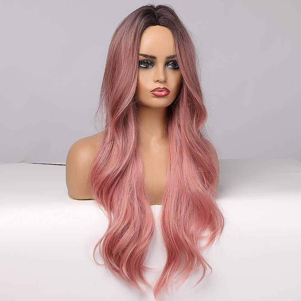 Pink Synthetic Lace Front Wig Long Wave Middle Part Rose Gold Wig Heat  Resistant Daily Makeup Cosplay Wigs for Women 24 Inches