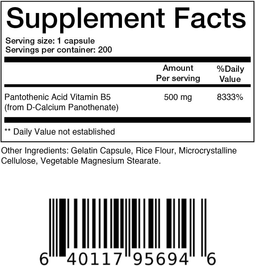 Pantothenic Acid 500 mg Vitamin B5 Supplement 200 Capsules