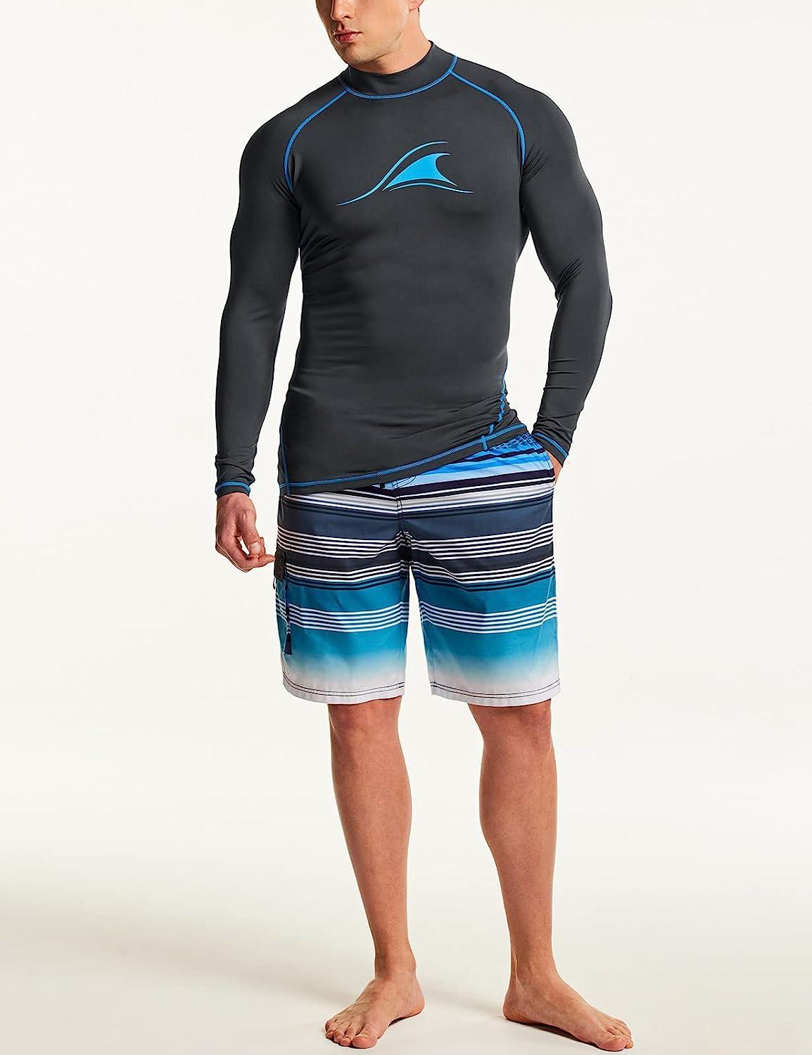 TSLA Men's UPF 50+ Long Sleeve Rash Guard, UV/SPF Quick Dry Swim Shirt,  Water Surf Swimming Shirts Big Wave Charcoal & Royal Medium
