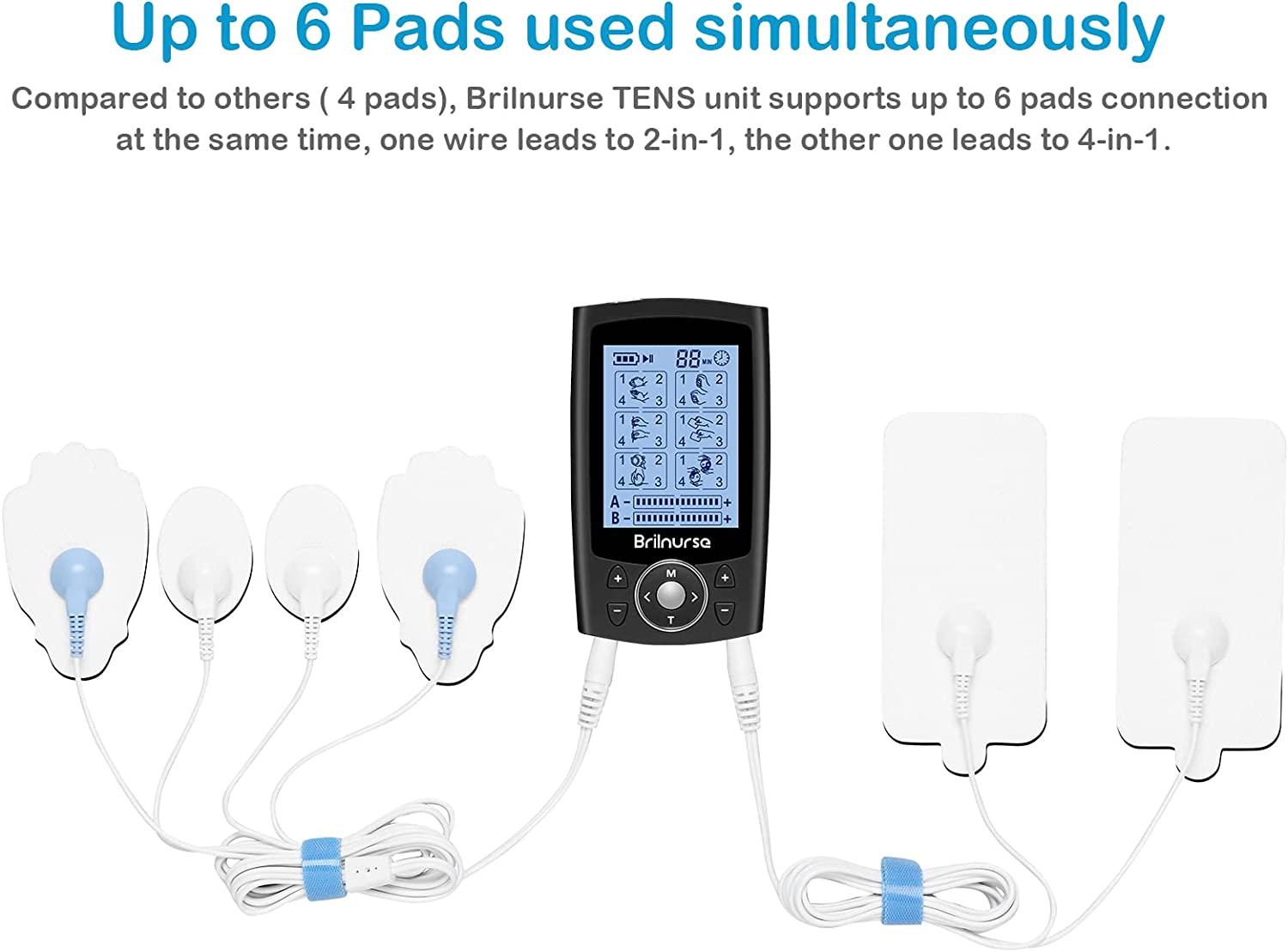 Brilnurse 4 Channels TENS Unit Muscle Stimulator with 16 Electrode Pads, 24  Modes 20 Levels Intensity Rechargeable TENS Machine Pain Relief Therapy
