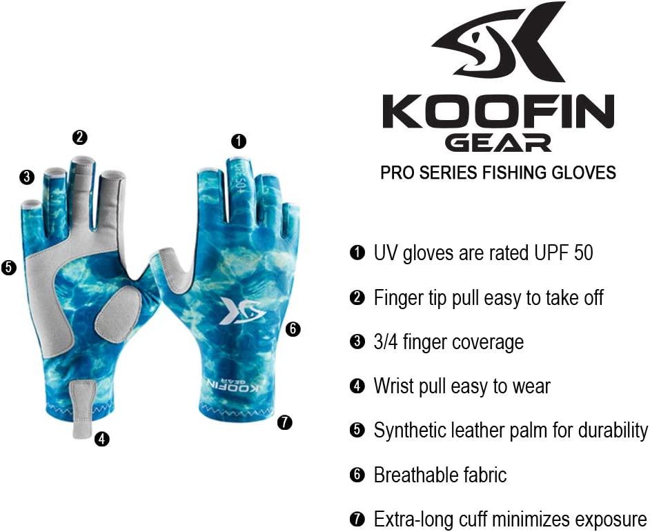 KOOFIN GEAR Fishing Gloves Sun Protection Fingerless Gloves UPF50 Men Women  for Outdoor Kayaking Hiking Paddling Driving Canoeing Rowing Blue Camo Small /Medium