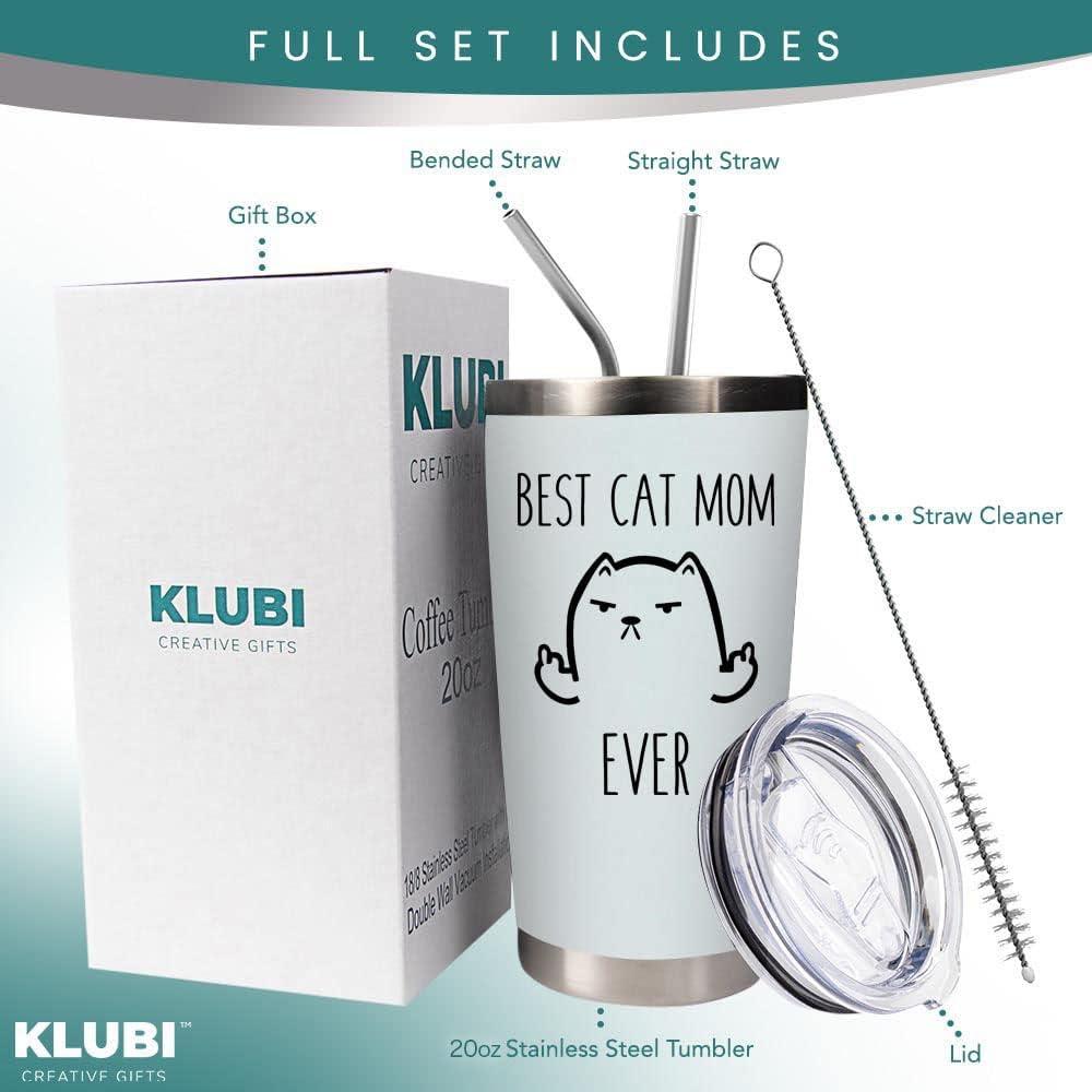 KLUBI Cat Mom Gifts for Women - Travel Mugs/Tumbler - 20oz Mug for Coffee/Tea-Funny  Gifts for Cat Themed Things, Lovers, Crazy Cat Lady Gift White