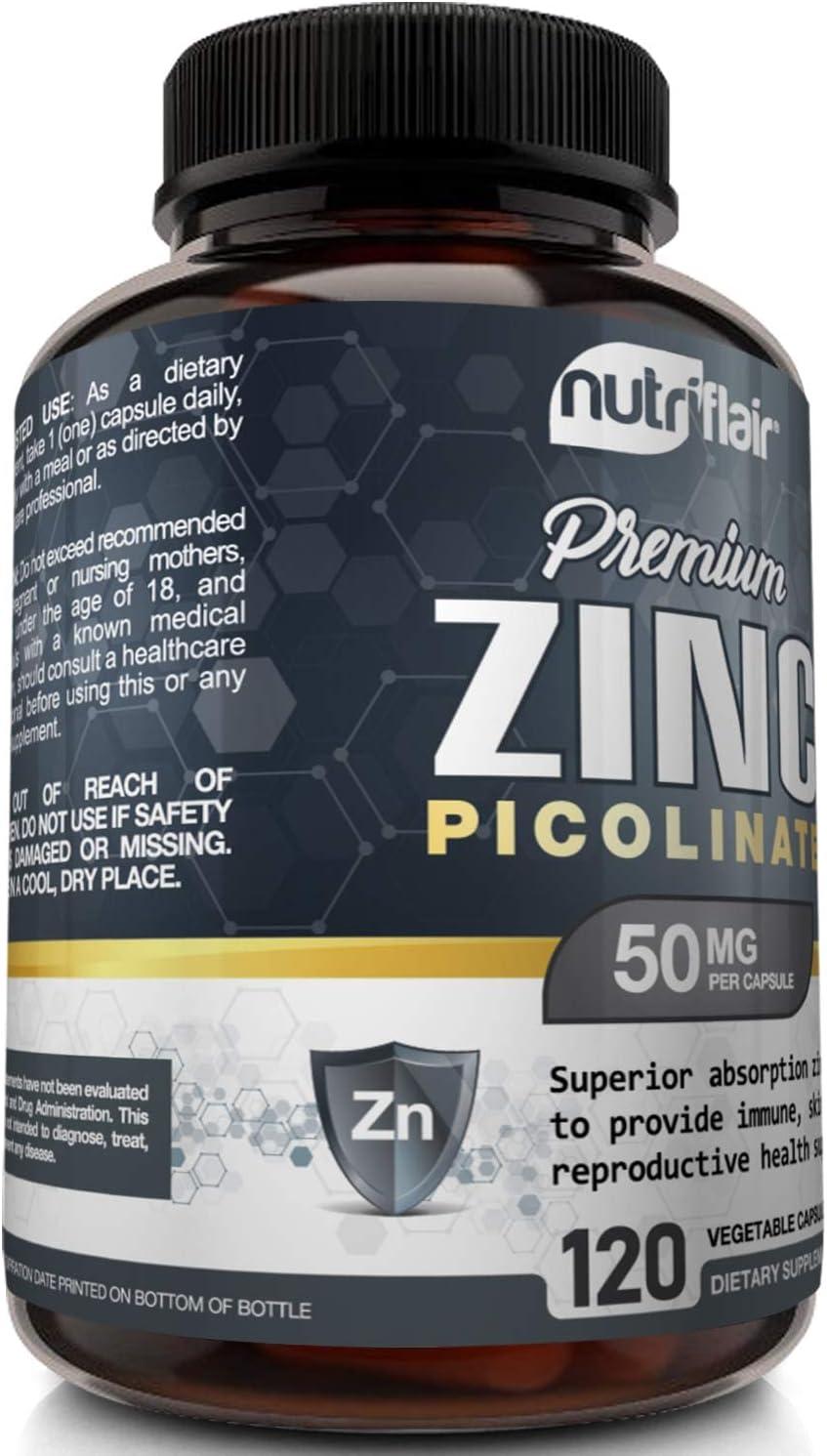 NutriFlair Zinc Picolinate 50mg 120 Capsules Maximum Absorption Zinc Supplement Pills Immune