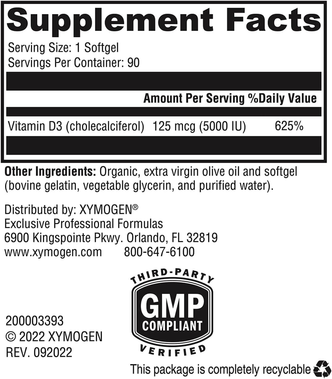 XYMOGEN D3 5000 High Potency Vitamin D Supplement for Immune, Bone