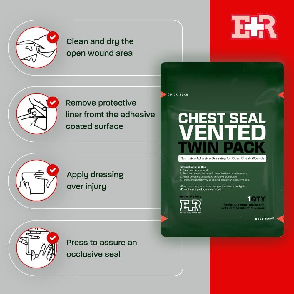 Ever Ready First Aid Vented Chest Seal with Quick Tear Twin Pack 6.6 Square Occlusive Adhesive