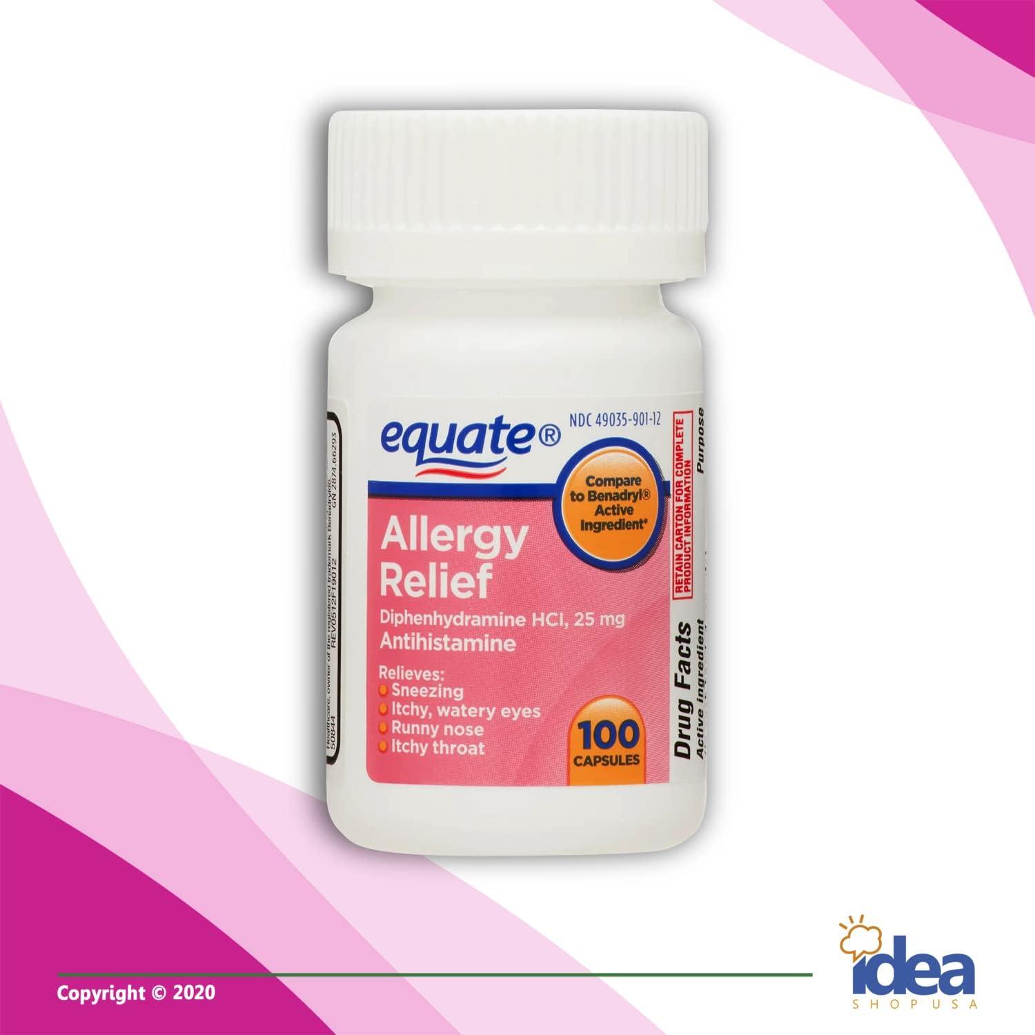 Equate Allergy Relief Capsules 25mg 100 Ct Bundle + Exclusive Allergy