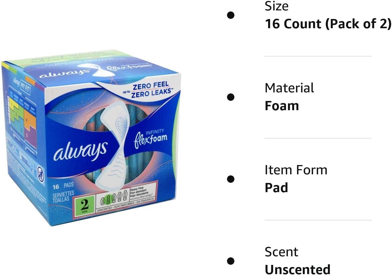 Always Pads Size 2 Infinity With Flex Foam 16 Count Heavy Flow (2 Pack