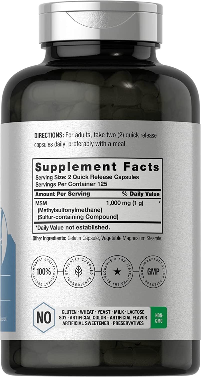 MSM Supplement Capsules 1000mg 250 Count NonGMO and Gluten Free