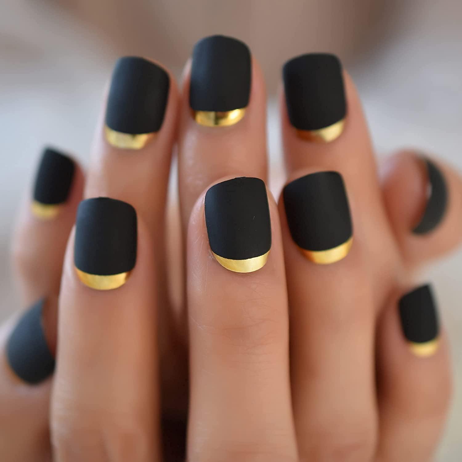 Black Matte Press On Nails With Designs Easy French Manicure Faux