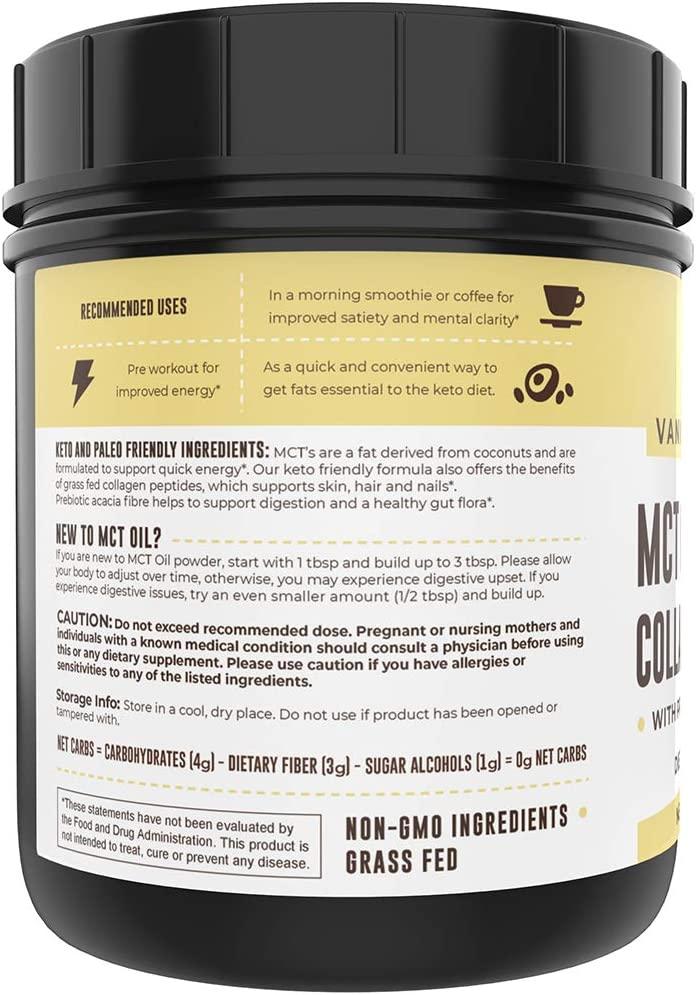 Keto MCT Powder + Collagen + Prebiotic Acacia Fibre, Vanilla, 16oz. MCT