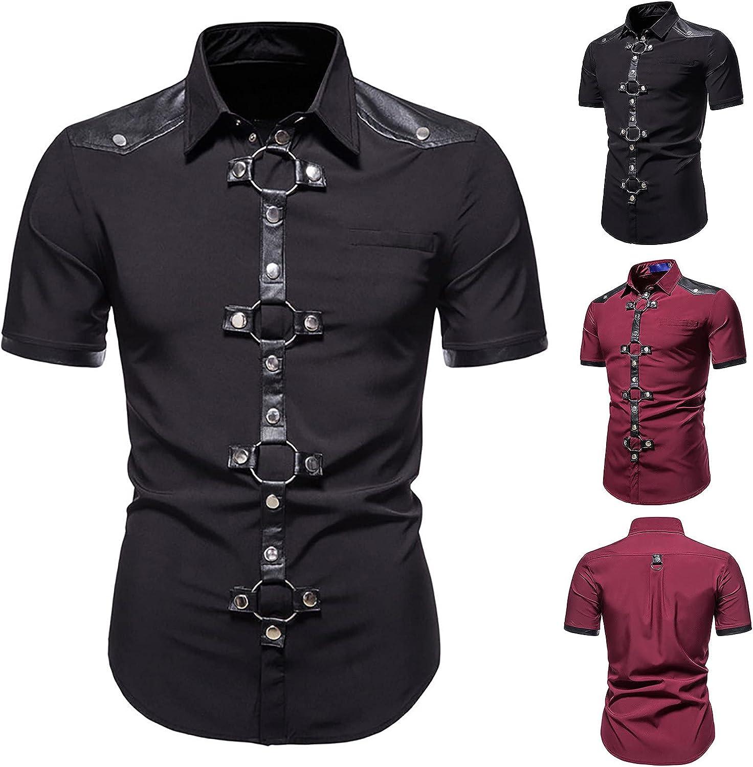 Mens Fashion Slim Gothic Shirts Metal Ring Buttons Top Turn-Down Collar  Short Sleeve Loose Comfy Blouse Black 3X-Large