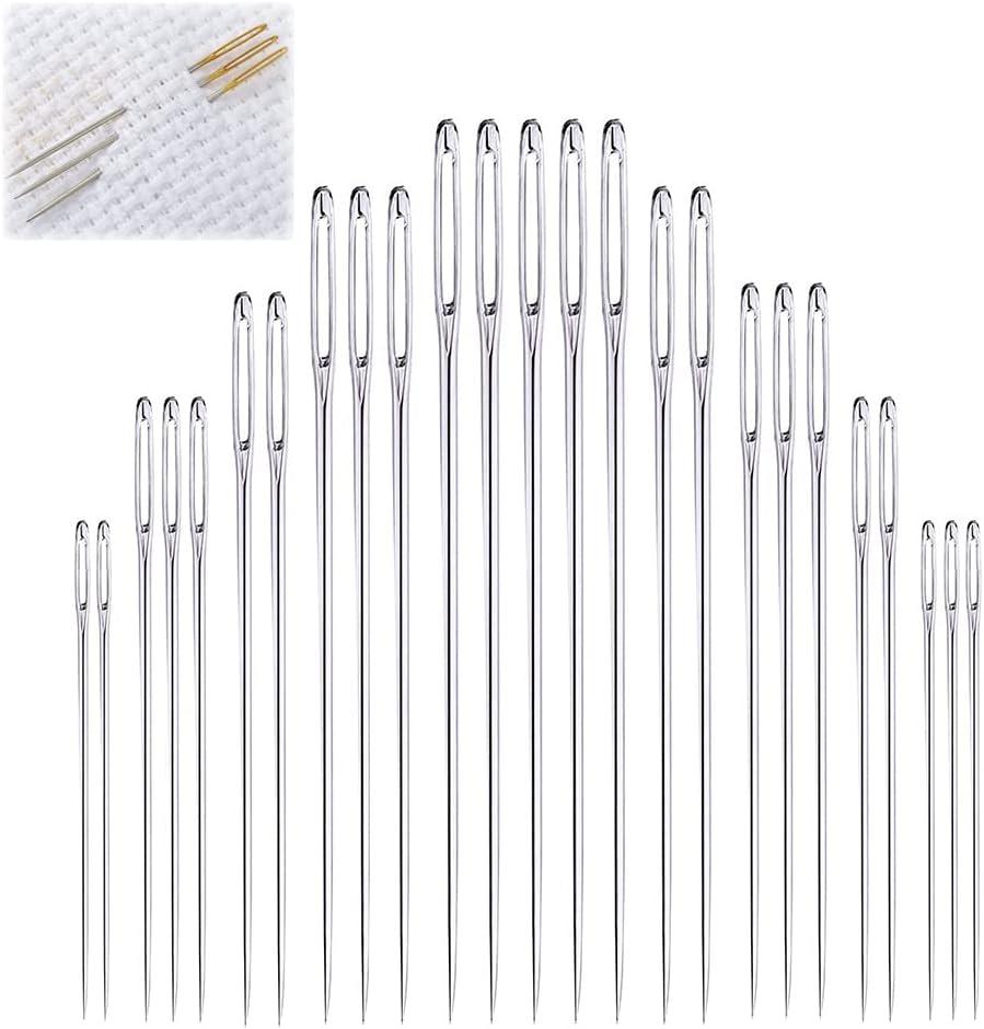 elcprocy Large Eye Sewing Needles, Embroidery Needles, Stainless Steel, 25 Pieces Sharp Needles with Wooden Needle Case Carving Pattern