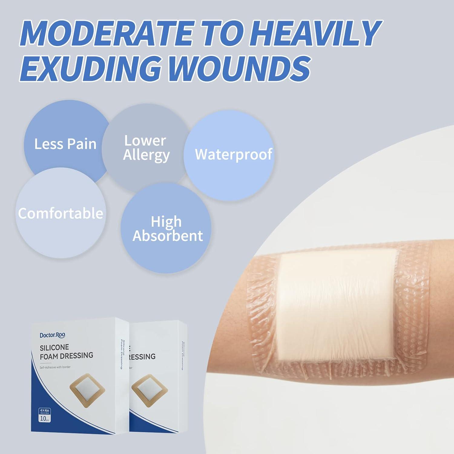 Silicone Adhesive Foam Dressing Doctor.Roo 4x4 Waterproof Wound Dressing Bandage with Gentle