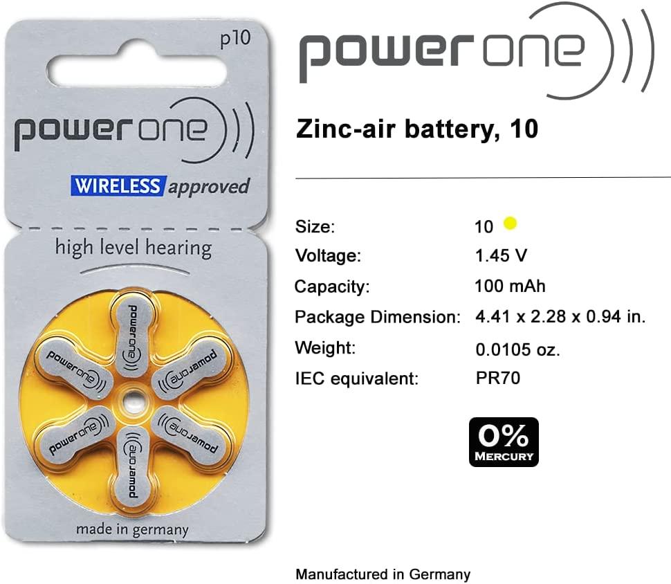 Power One Zinc Air Hearing Aid Batteries, (Yellow), P10, 120 Count