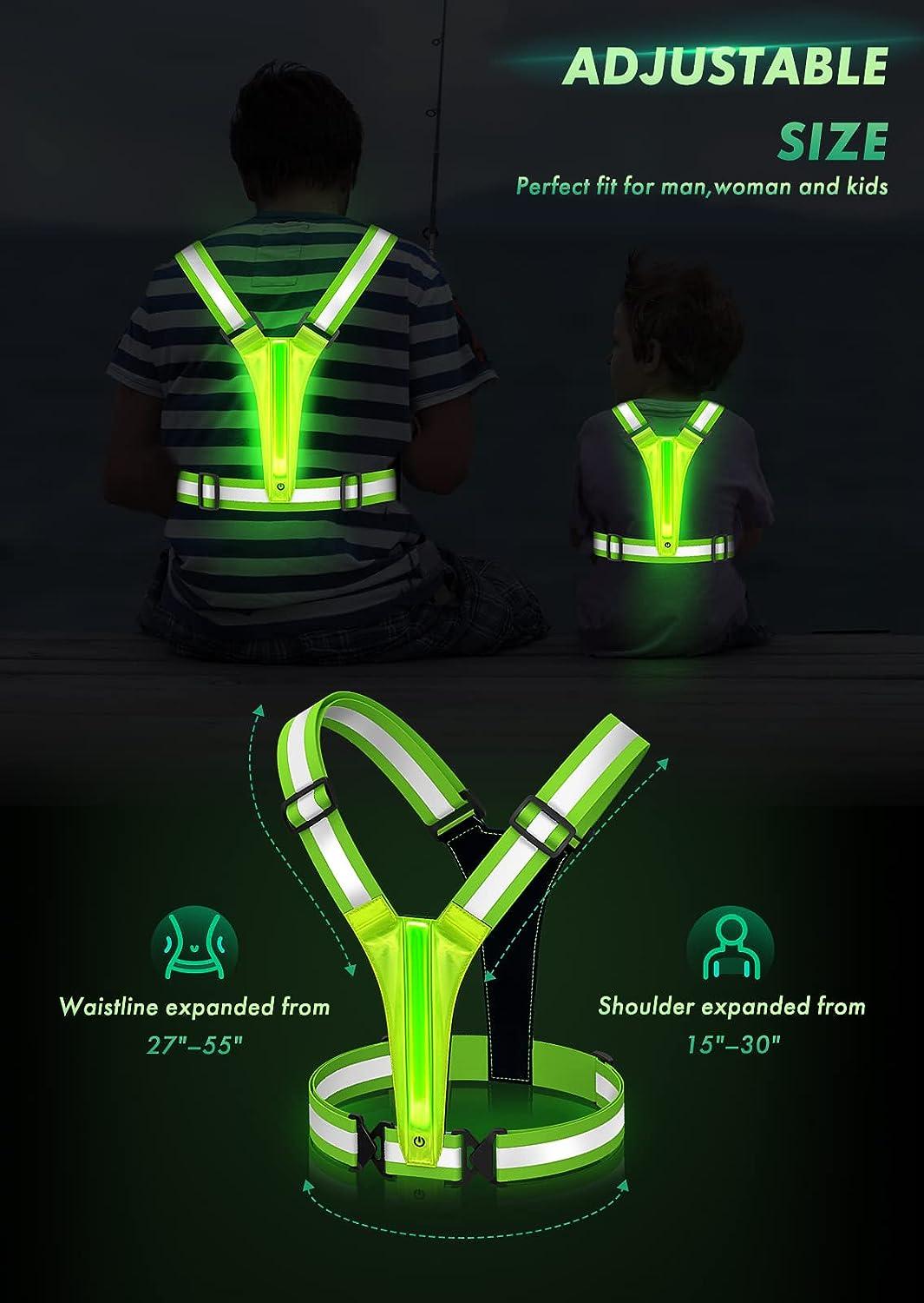 Fokia Kunbio LED Reflective Running Vest Gear,Light Up Vest Runners Night  Walking USB Rechargeable,Up to 11hrs Light with Adjustable Waist/Shoulder  for Women Men Kids Green