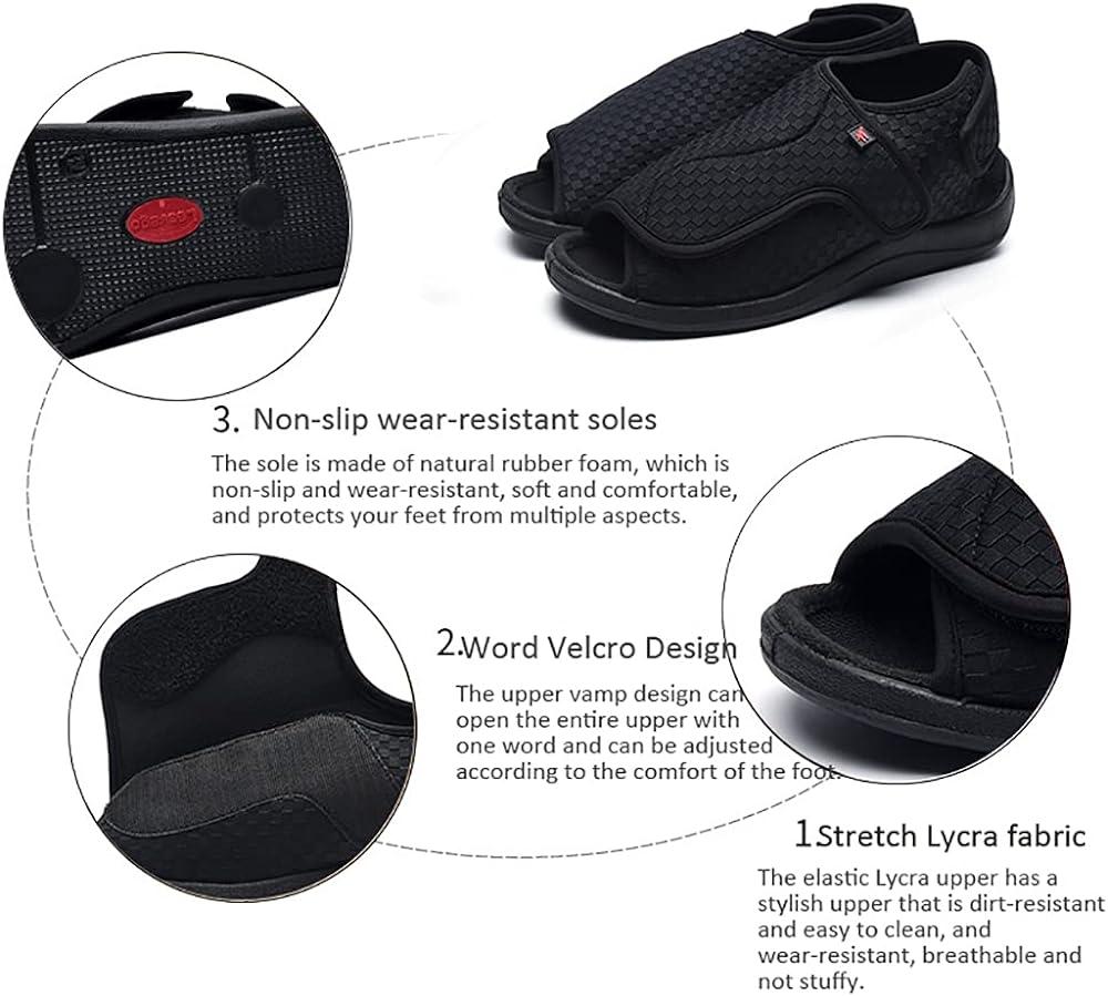 ZJING Men's Adjustable Diabetic Slippers Extra Wide Width Edema Sandals for Elderly Swollen Feet
