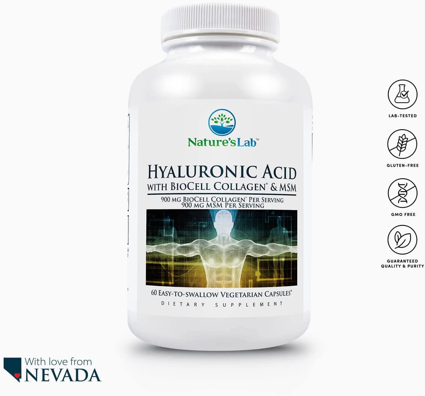 Nature's Lab Hyaluronic Acid with Biocell Collagen and MSM Skin Hydration, Joint Health 60