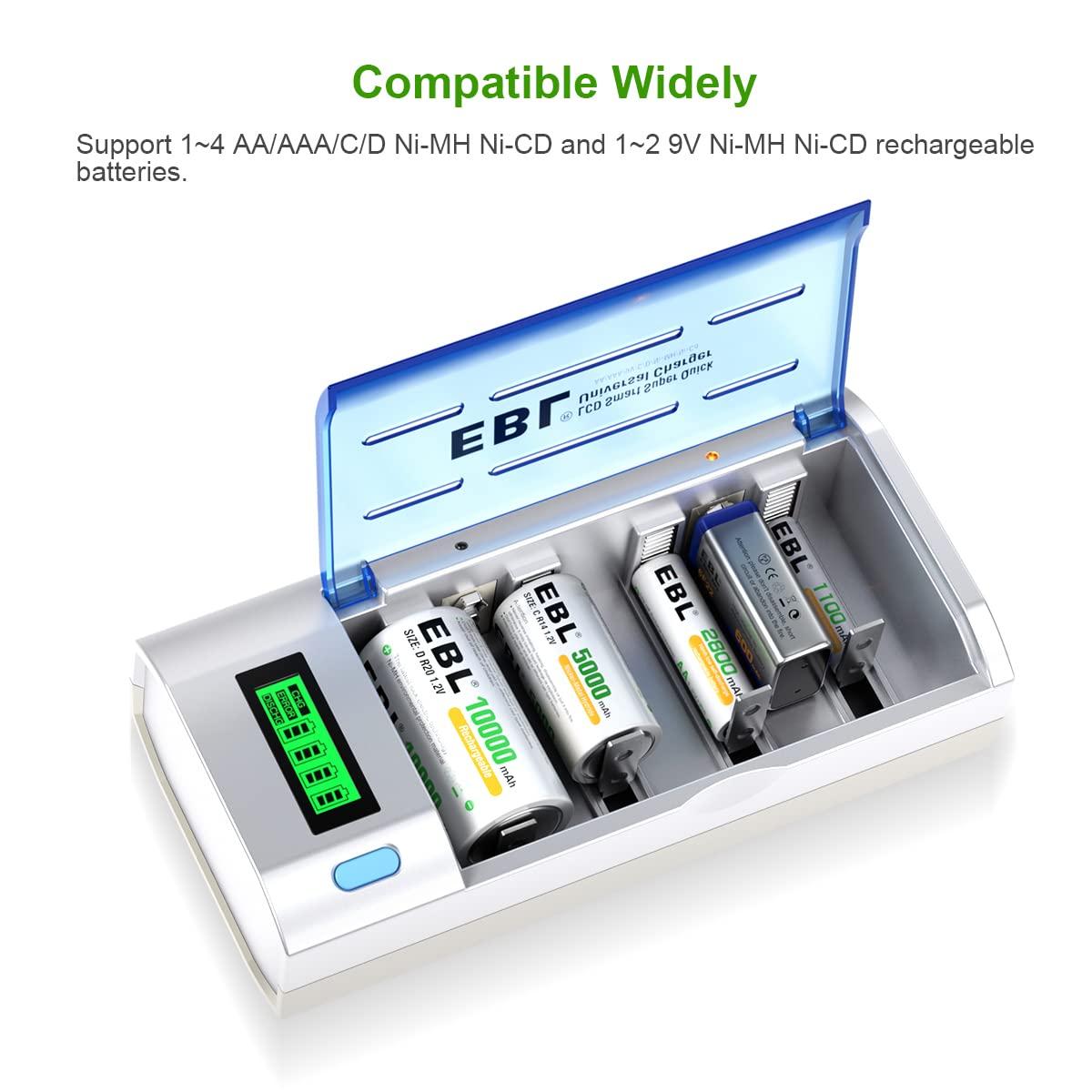 EBL Smart Battery Charger for C D AA AAA 9V NiMH NiCD Rechargeable Batteries with Discharge