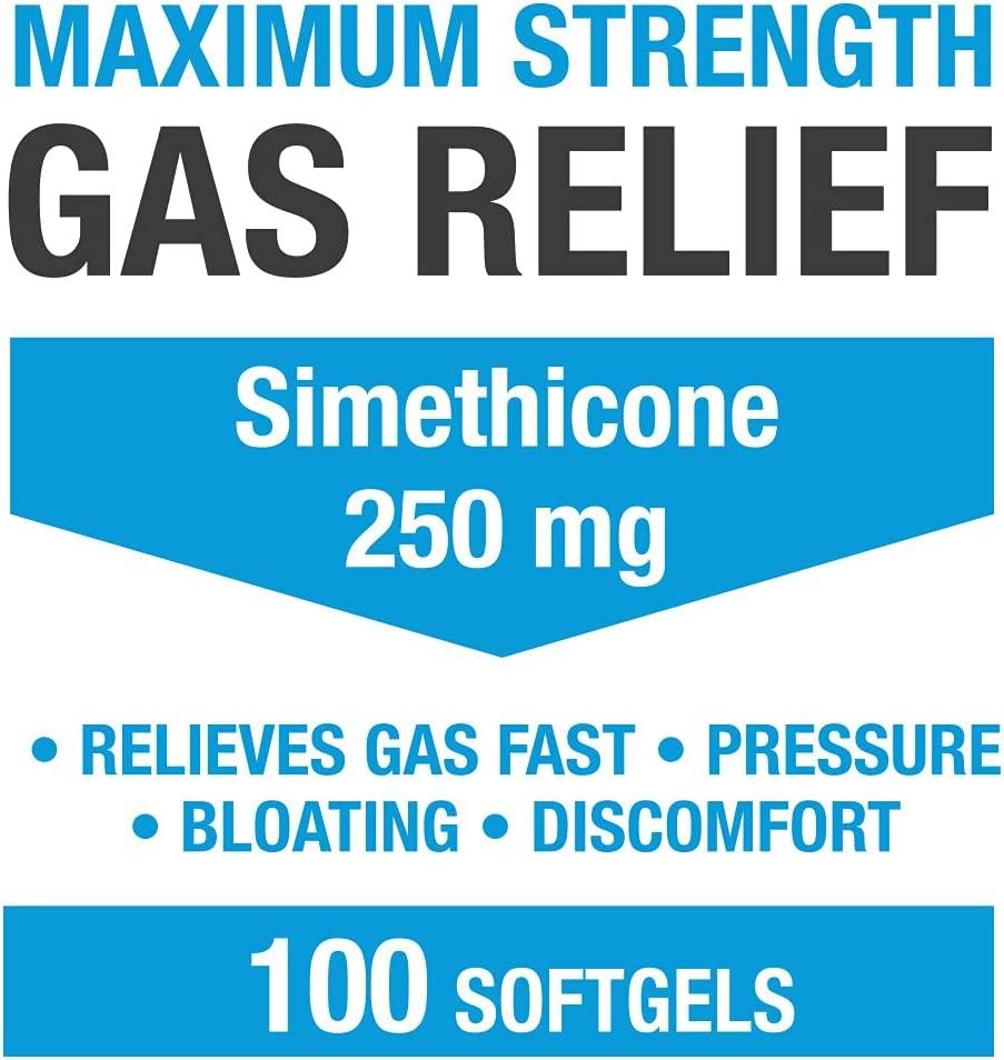 Maximum Strength Gas Relief Softgels 250mg 200 Count Relieve Pressure, Bloating &