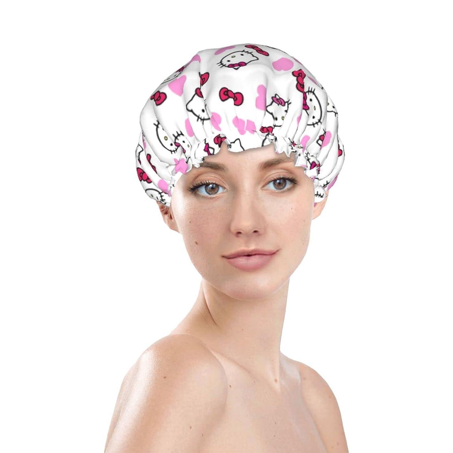 Cute Shower Cap for Girl Women Reusable Waterproof Long Hair Double