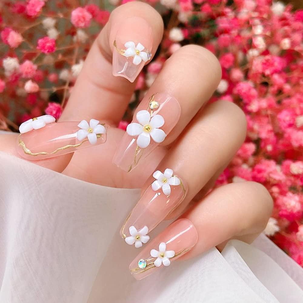 Dornail White Pink 3D Acrylic Flower Nail Charms With Pearl Golden Caviar  Beads Nail Art Accessories Nail Designs for DIY Nail Decorations Nail Art  Supplies