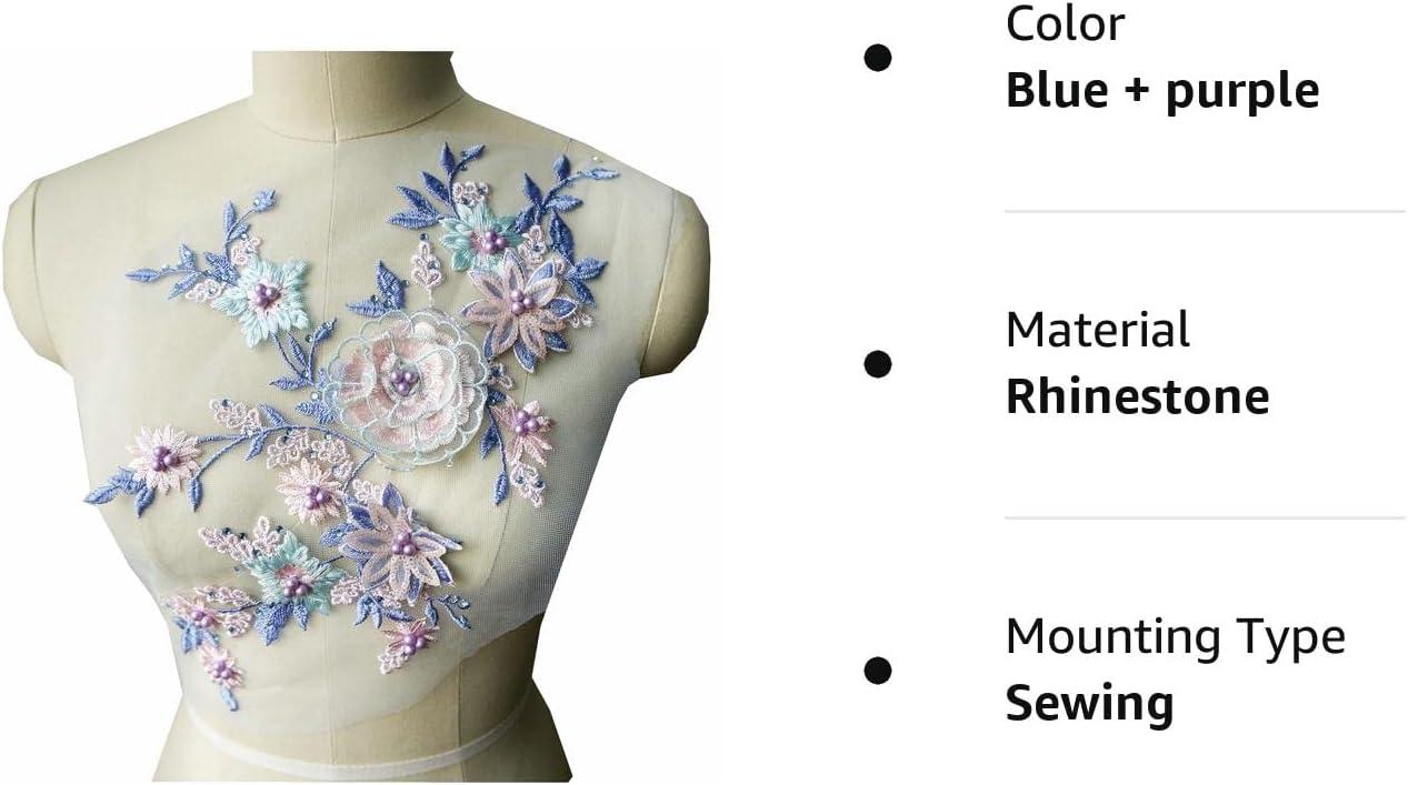 IXUEYU, Lace Fabric 3D Flowers Appliques Beads Rhinestones Embroidery Sew  Patch for DIY Wedding Decoration Dress (Blue + Purple)