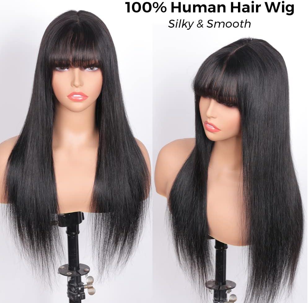 Ruiyu Straight Human Hair Wigs With Bangs 180% Density 2x4 Lace Front Wigs With