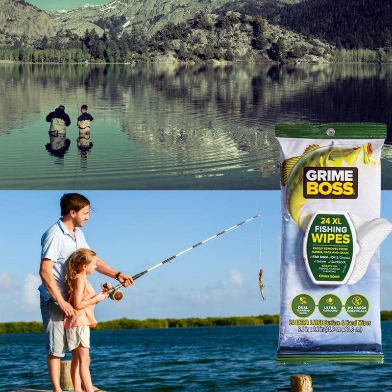 Grime Boss Fishing Wipes (5 x 24ct) | Removes Dirt & Cleans Hands, Rods,  Reels, & Tackle Boxes | Wipes Away Fish Odor, Slime & Oil