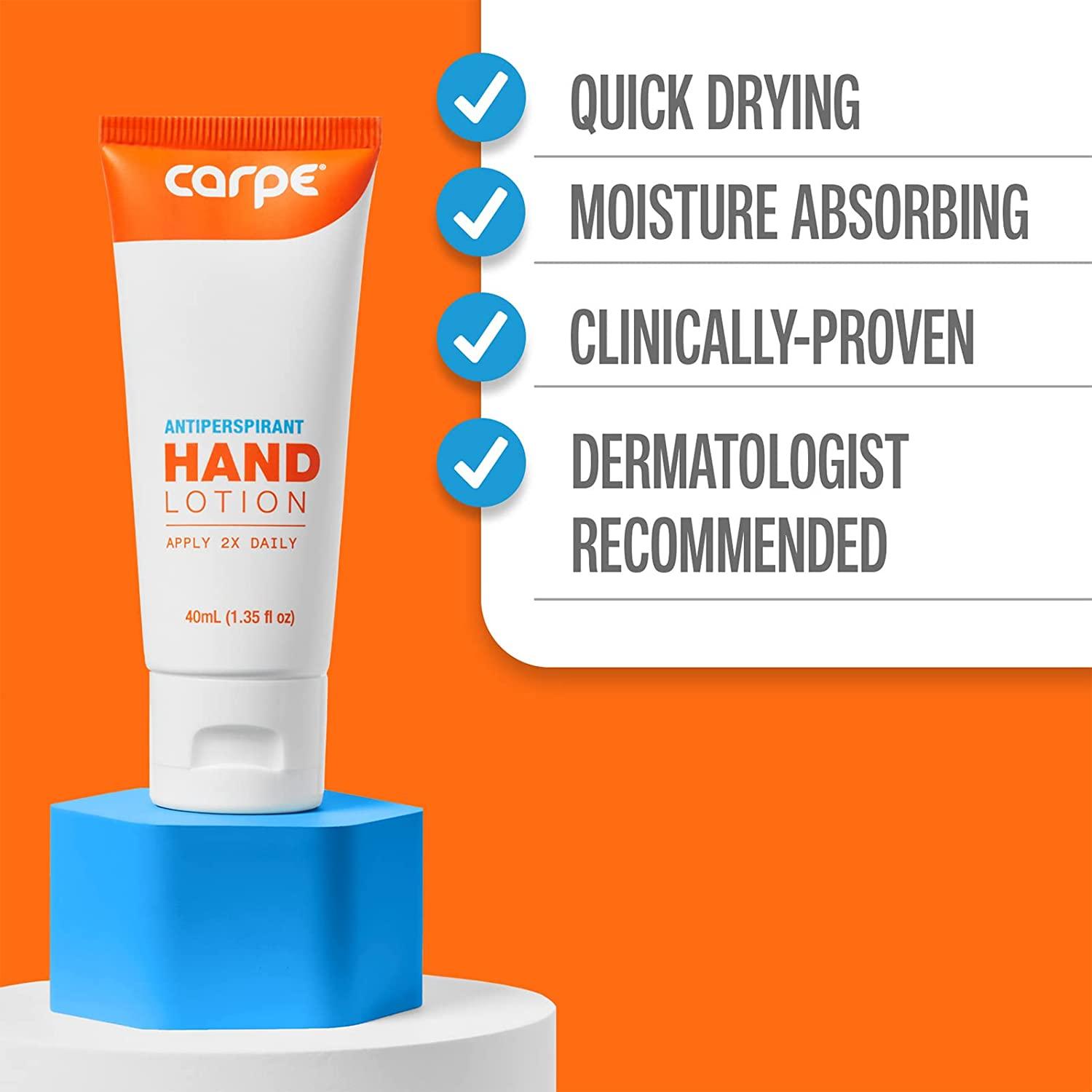 Carpe Antiperspirant Hand Lotion, A dermatologist-recommended,  non-irritating, smooth lotion that helps stops hand sweat, Great for  hyperhidrosis 1.35 Fl Oz (Pack of 1)