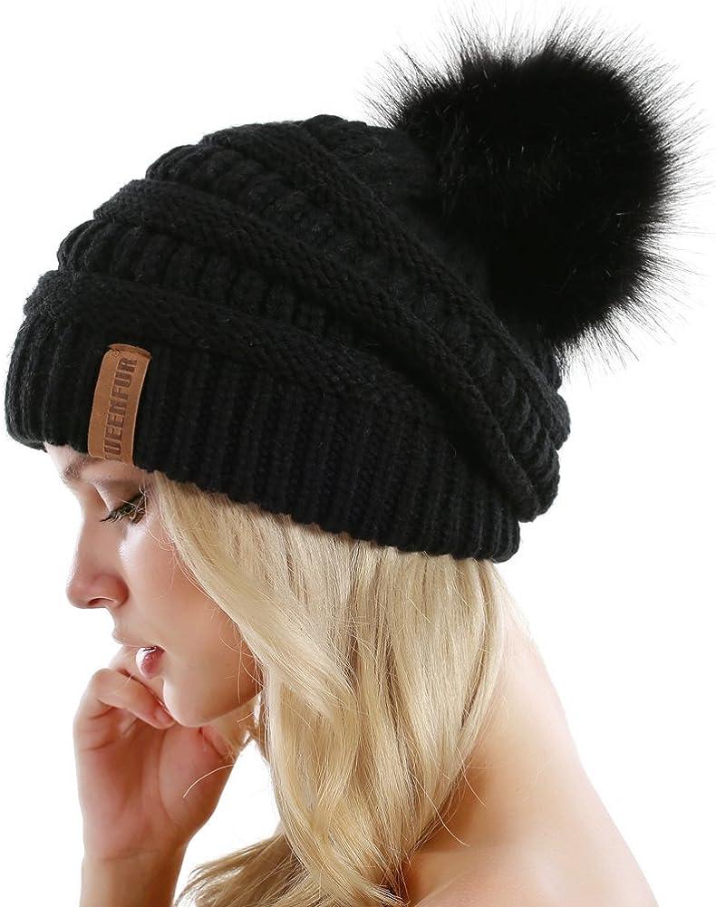 Knit Beanie Hat for Women, Faux Fuzzy Pom Pom Winter Ski Skullies Cap 