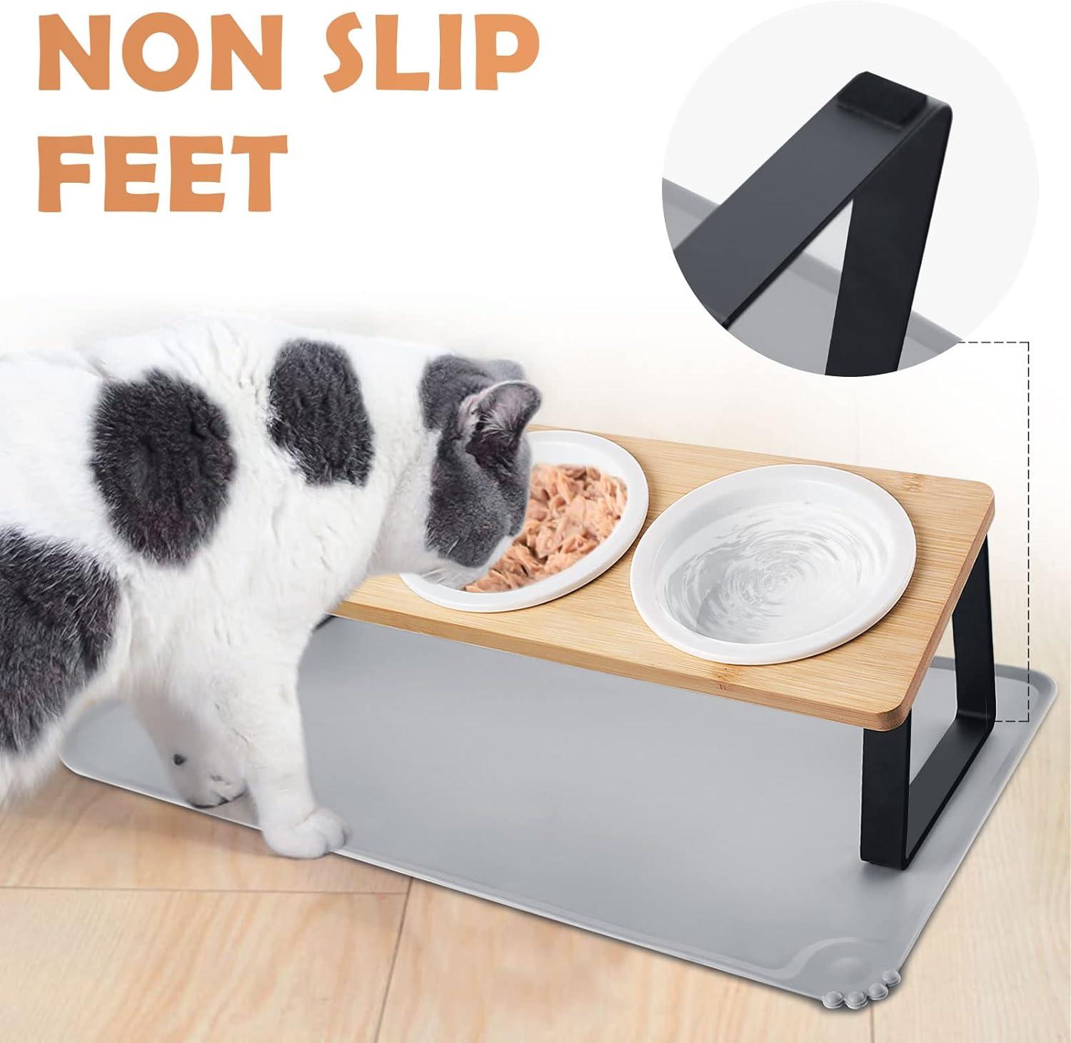 Otoomenz Cat Bowl Ceramic Cat Food Bowls With 15 Tilted Wood Stand Raised Cat  Bowls for