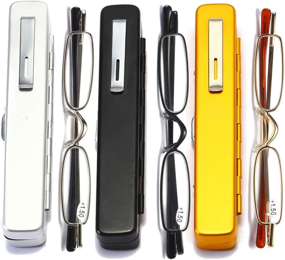 3 Pairs Slim Pocket Reading Glasses with Pen Clip Metal Case Men Women Readers Spring Hinge 2.0x Magnification Silver Black Gold