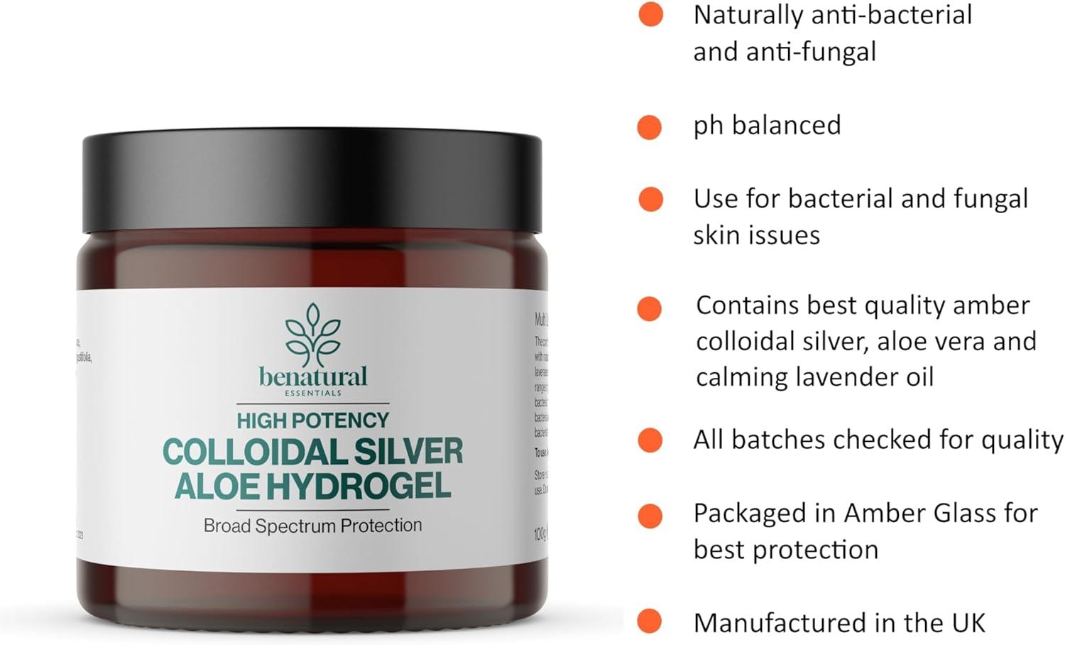 Benatural Essentials Premium Colloidal Silver Aloe Hydrogel 100g Soothing Gel for Minor Burns