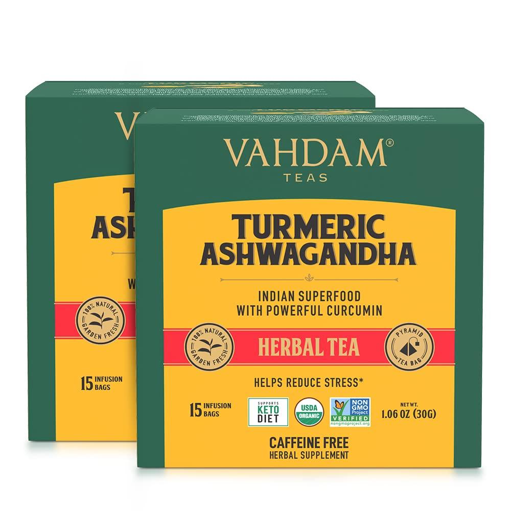 VAHDAM Organic Turmeric Ashwagandha Herbal Tea 30 Tea Bags USDA