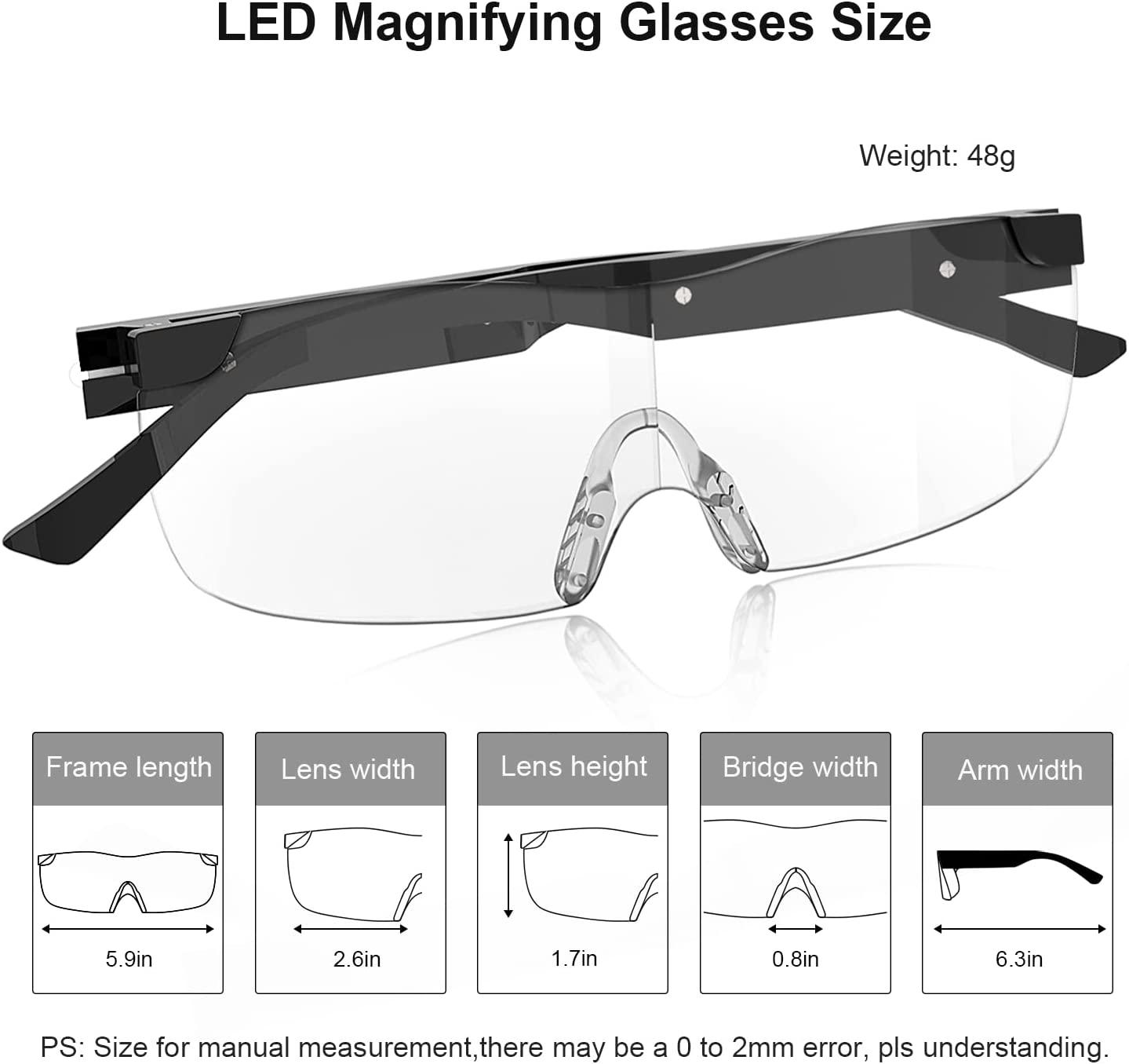 SKYWAY Magnifying Glasses with Light, 200% LED Lighted Rechargeable  Magnifier Eyeglasses for Reading Hobbies and Close Work Hands Free Black200