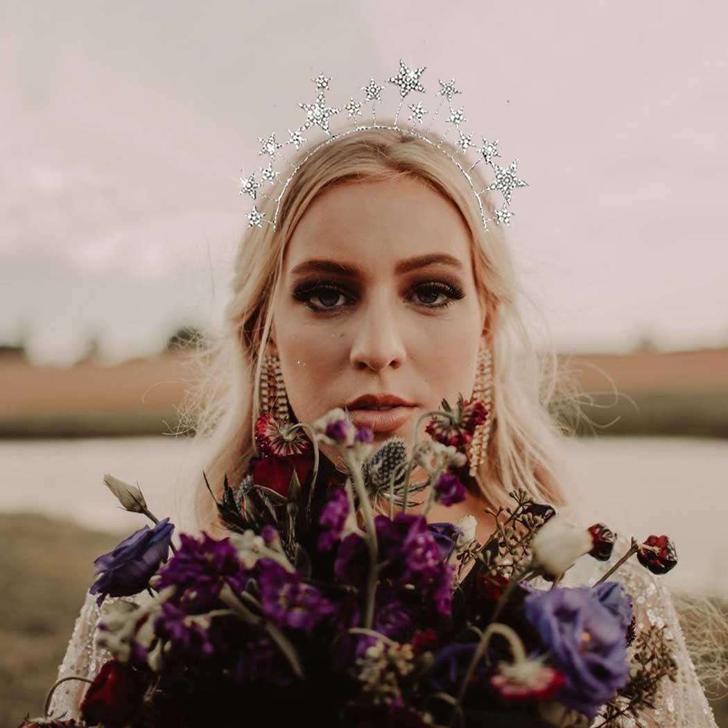 CAKURE Crystal Halo Crown Gold Star Headband Goddess Headpiece Bridal Wedding Tiara And Crowns Hair Accessories For Women And Girls Rose Gold